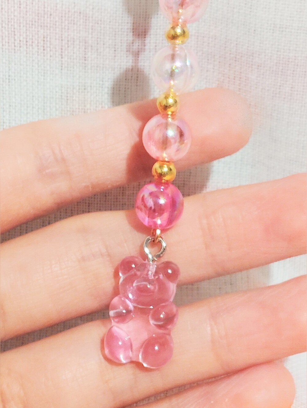 Handmade Dangly Keychain One Of A Kind. Pink Gummy Bear. Pink And Gold